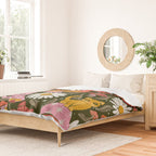 Kittens & Shrooms - Pink & Coral on Olive Duvet Cover Gallery Image 2