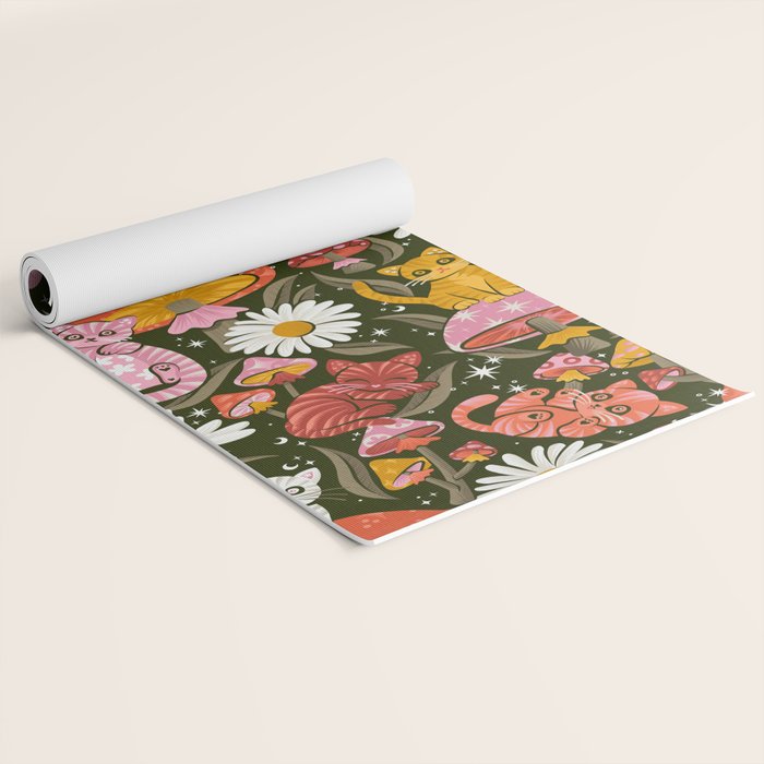 Kittens & Shrooms - Pink & Coral on Olive Yoga Mat Gallery Image 2