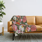 Kittens & Shrooms - Pink & Coral on Olive Throw Blanket Gallery Image 1