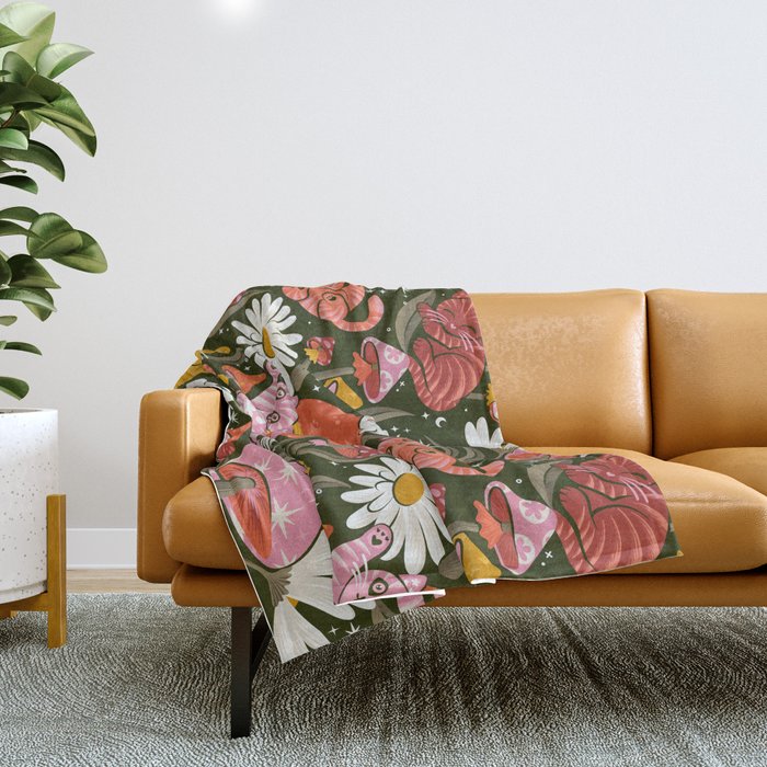 Kittens & Shrooms - Pink & Coral on Olive Throw Blanket Gallery Image 1