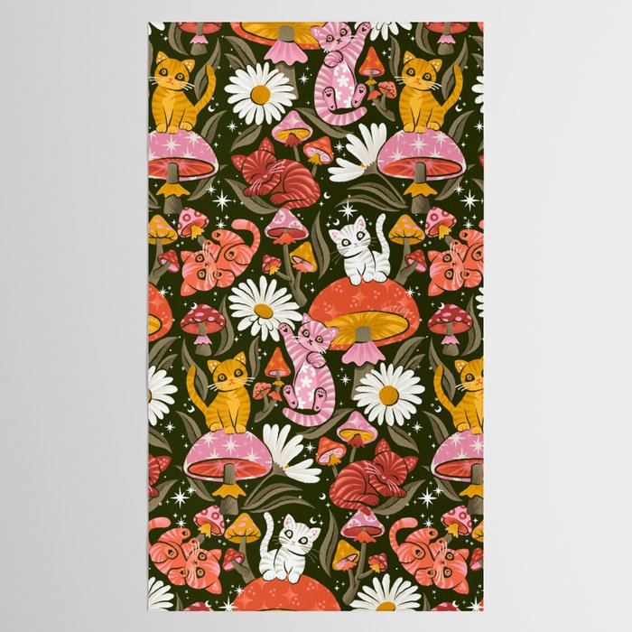 Kittens & Shrooms - Pink & Coral on Olive Tablecloth Gallery Image 2