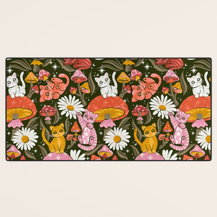 Kittens & Shrooms - Pink & Coral on Olive Desk Mat Gallery Image 3