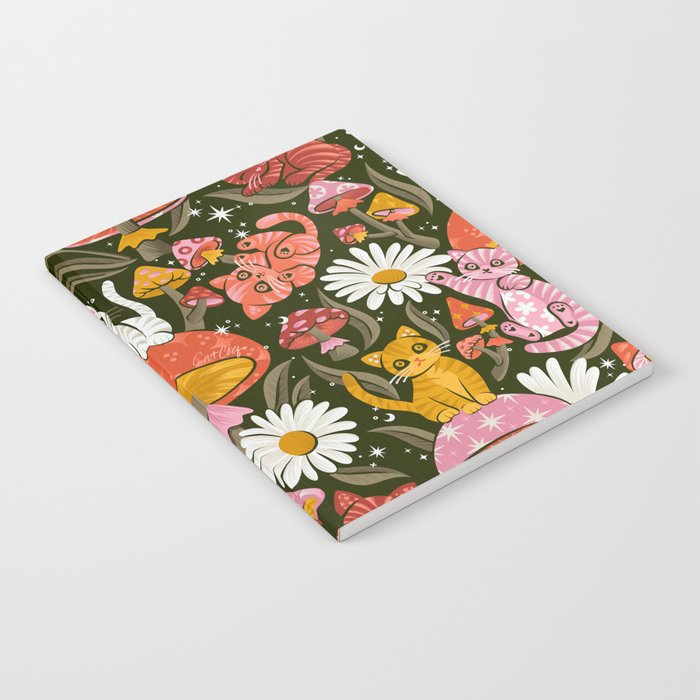 Kittens & Shrooms - Pink & Coral on Olive Notebook Gallery Image 2