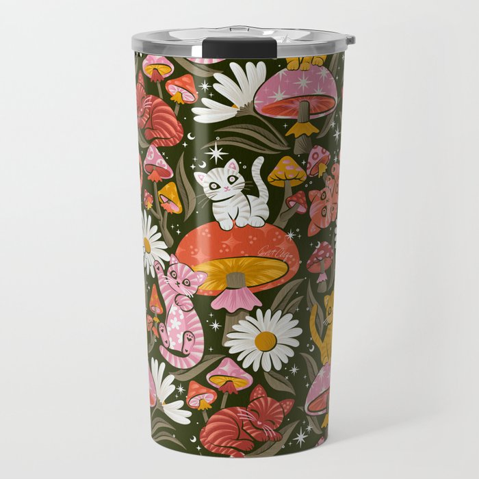 Kittens & Shrooms - Pink & Coral on Olive Travel Mug Gallery Image 1