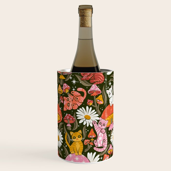 Kittens & Shrooms - Pink & Coral on Olive Wine Chiller Gallery Image 3