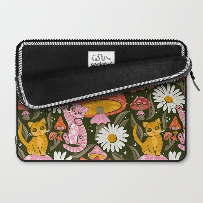 Kittens & Shrooms - Pink & Coral on Olive Laptop Sleeve Gallery Image 2