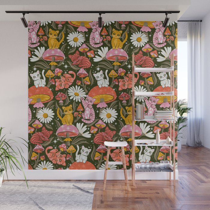 Kittens & Shrooms - Pink & Coral on Olive Wall Mural Gallery Image 1