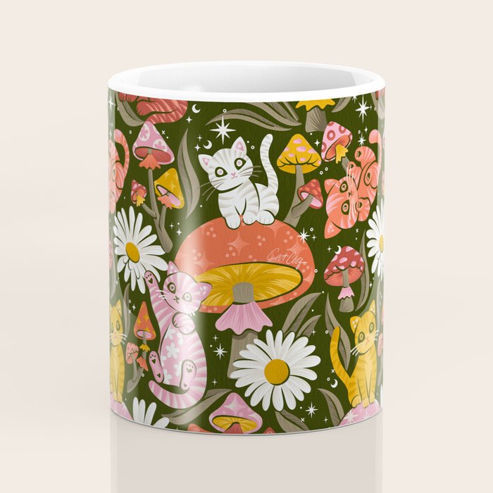 Kittens & Shrooms - Pink & Coral on Olive Coffee Mug Gallery Image 4