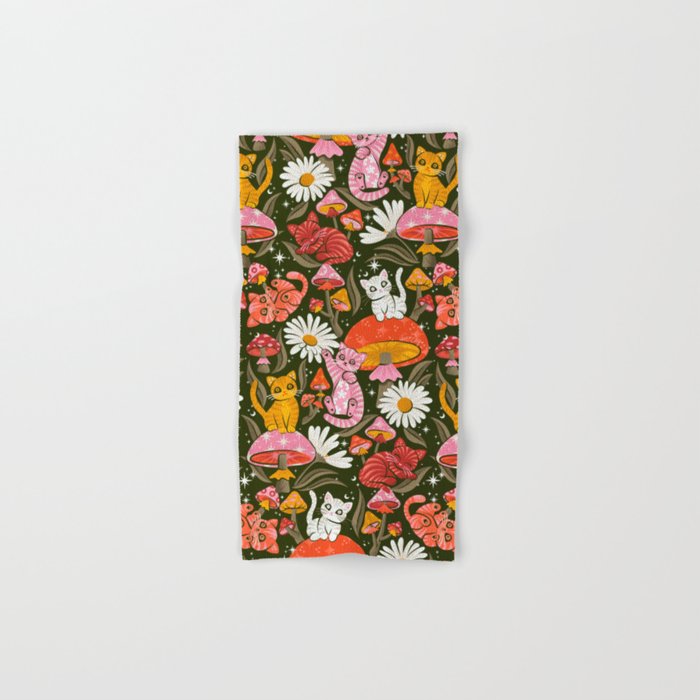 Kittens & Shrooms - Pink & Coral on Olive Bath Towel Gallery Image 1