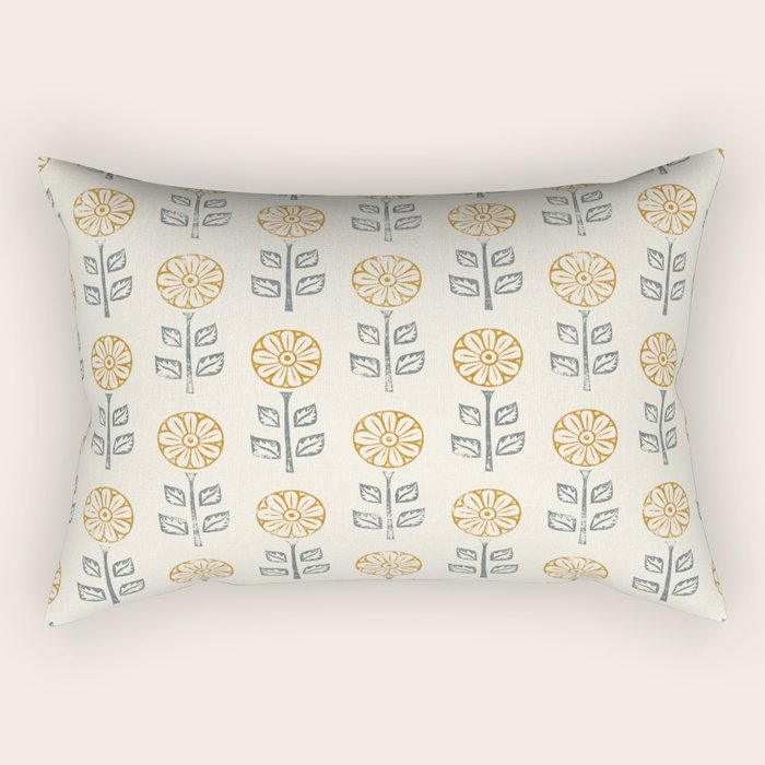 block print floral - mustard blue cream Rectangular Pillow Gallery Image 2