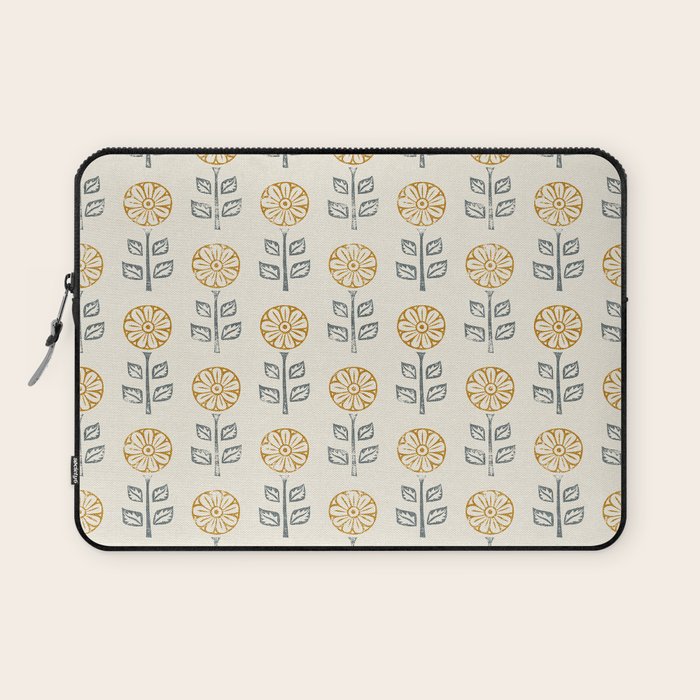 block print floral - mustard blue cream Laptop Sleeve Gallery Image 1