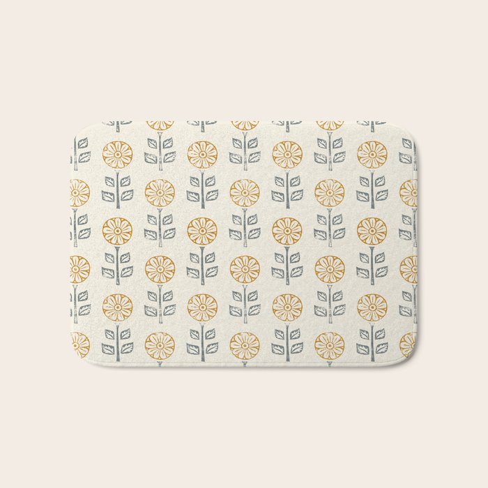 block print floral - mustard blue cream Bath Mat Gallery Image 1