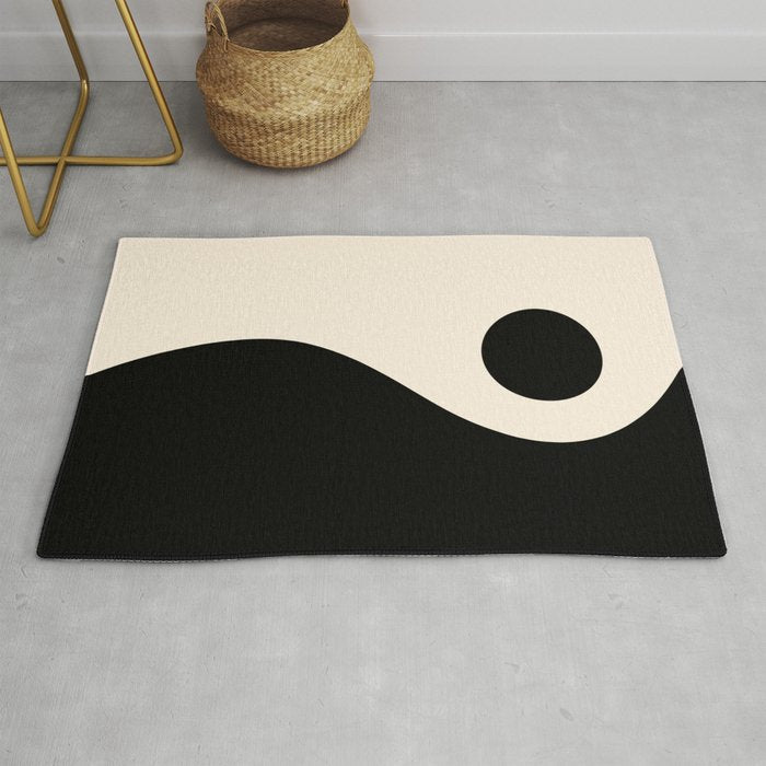 Nami Wave Sun Moon Minimalist Abstract Pattern in Black and Almond Cream Rug Gallery Image 1