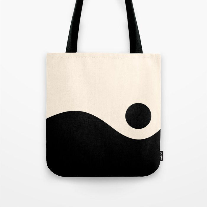 Nami Wave Sun Moon Minimalist Abstract Pattern in Black and Almond Cream Tote Bag Gallery Image 1
