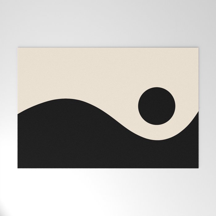 Nami Wave Sun Moon Minimalist Abstract Pattern in Black and Almond Cream Welcome Mat Gallery Image 1