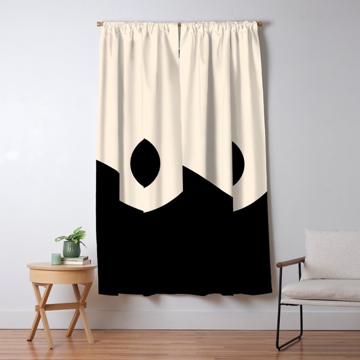 Nami Wave Sun Moon Minimalist Abstract Pattern in Black and Almond Cream Window Curtain Gallery Image 1