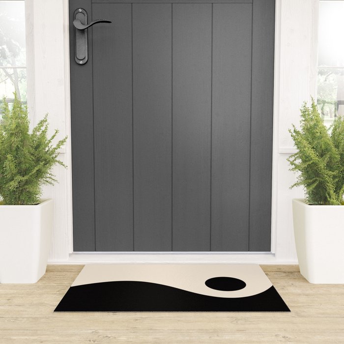 Nami Wave Sun Moon Minimalist Abstract Pattern in Black and Almond Cream Welcome Mat Gallery Image 3