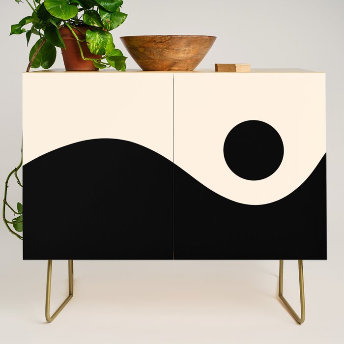 Nami Wave Sun Moon Minimalist Abstract Pattern in Black and Almond Cream Credenza Gallery Image 1
