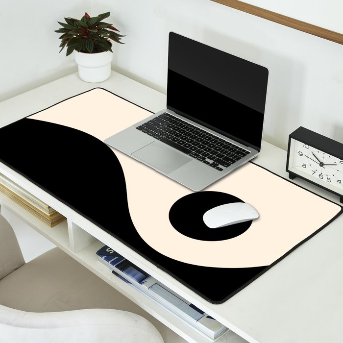 Nami Wave Sun Moon Minimalist Abstract Pattern in Black and Almond Cream Desk Mat Gallery Image 2
