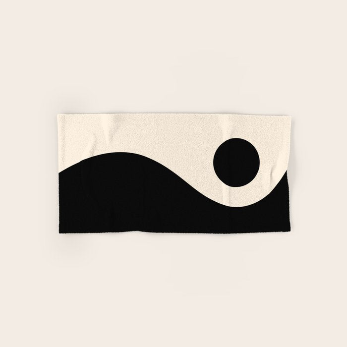 Nami Wave Sun Moon Minimalist Abstract Pattern in Black and Almond Cream Bath Towel Gallery Image 1