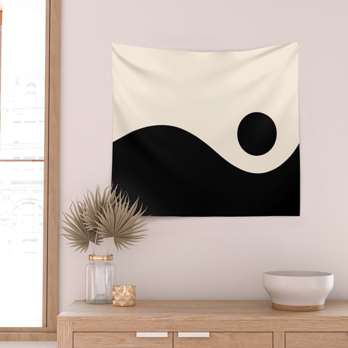Nami Wave Sun Moon Minimalist Abstract Pattern in Black and Almond Cream Wall Tapestry Gallery Image 2