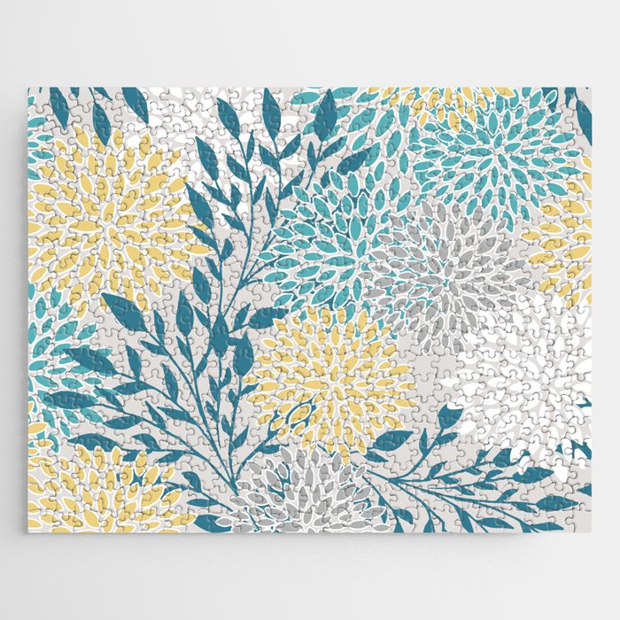 Garden Florals, Yellow, Teal, Gray Jigsaw Puzzle Gallery Image 1