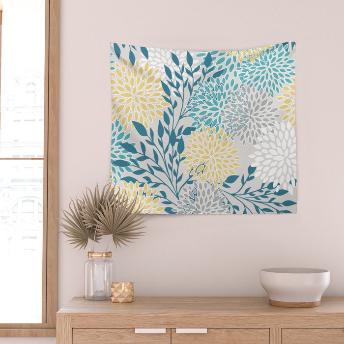 Garden Florals, Yellow, Teal, Gray Wall Tapestry Gallery Image 2