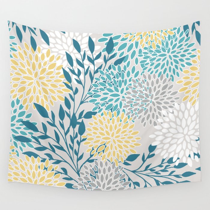 Garden Florals, Yellow, Teal, Gray Wall Tapestry Gallery Image 1