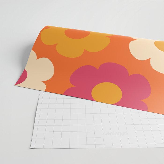 Such Cute Flowers Retro Floral Pattern in 60s 70s Pink Orange Mustard Cream Wrapping Paper Gallery Image 2