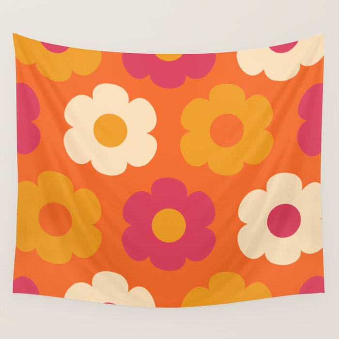 Such Cute Flowers Retro Floral Pattern in 60s 70s Pink Orange Mustard Cream Wall Tapestry Gallery Image 4