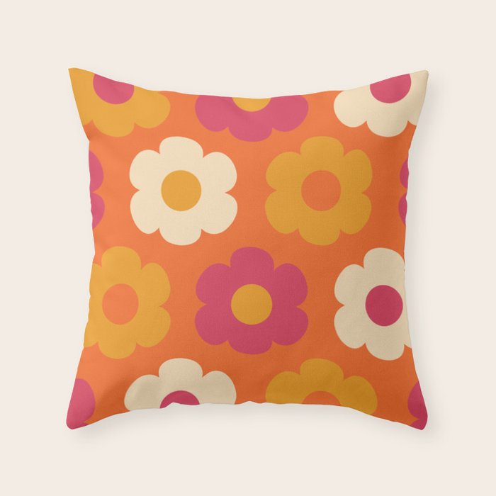 Such Cute Flowers Retro Floral Pattern in 60s 70s Pink Orange Mustard Cream Throw Pillow Gallery Image 6