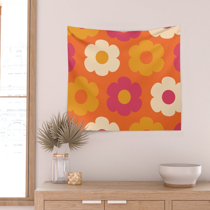 Such Cute Flowers Retro Floral Pattern in 60s 70s Pink Orange Mustard Cream Wall Tapestry Gallery Image 2