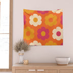 Such Cute Flowers Retro Floral Pattern in 60s 70s Pink Orange Mustard Cream Wall Tapestry Gallery Image 2