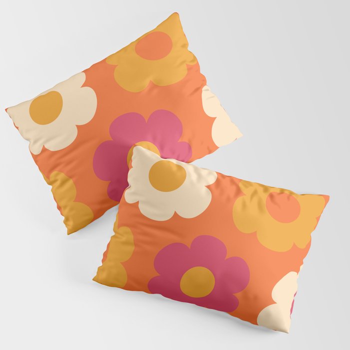 Such Cute Flowers Retro Floral Pattern in 60s 70s Pink Orange Mustard Cream Pillow Sham Gallery Image 3