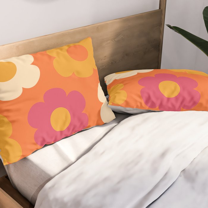 Such Cute Flowers Retro Floral Pattern in 60s 70s Pink Orange Mustard Cream Pillow Sham Gallery Image 2
