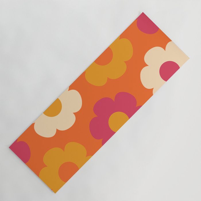 Such Cute Flowers Retro Floral Pattern in 60s 70s Pink Orange Mustard Cream Yoga Mat