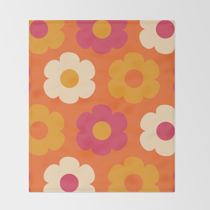 Such Cute Flowers Retro Floral Pattern in 60s 70s Pink Orange Mustard Cream Throw Blanket Gallery Image 2