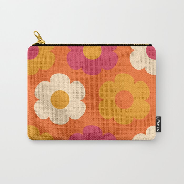 Such Cute Flowers Retro Floral Pattern in 60s 70s Pink Orange Mustard Cream Carry All Pouch Gallery Image 1
