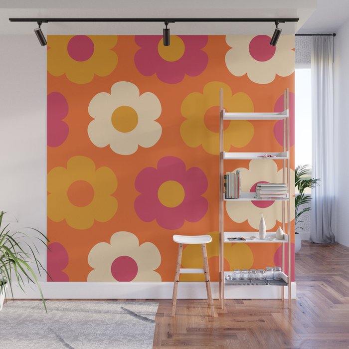 Such Cute Flowers Retro Floral Pattern in 60s 70s Pink Orange Mustard Cream Wall Mural Gallery Image 1