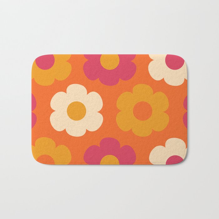 Such Cute Flowers Retro Floral Pattern in 60s 70s Pink Orange Mustard Cream Bath Mat Gallery Image 1