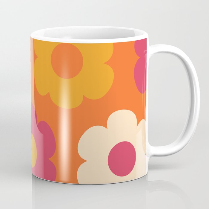 Such Cute Flowers Retro Floral Pattern in 60s 70s Pink Orange Mustard Cream Coffee Mug Gallery Image 1