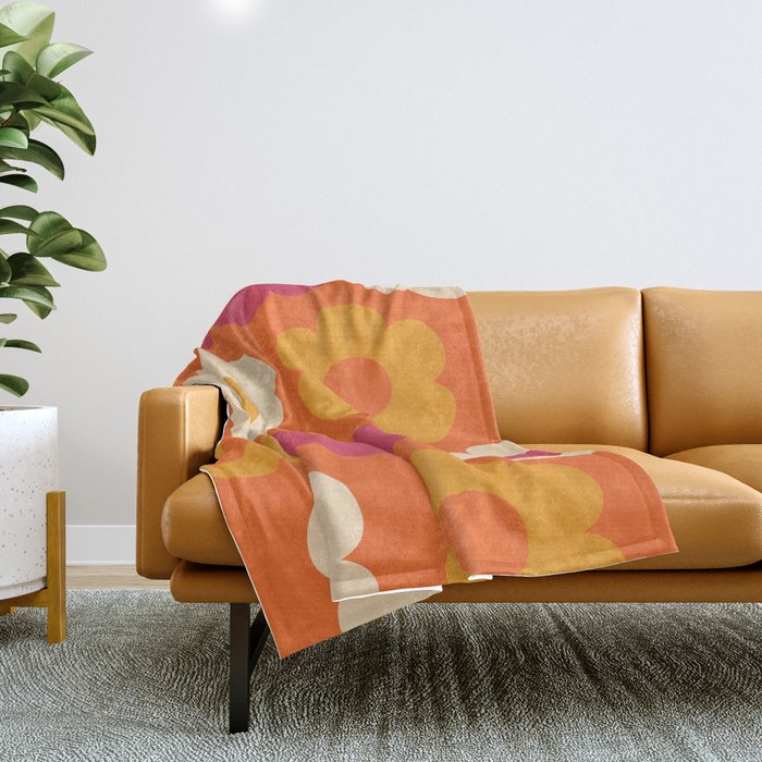 Such Cute Flowers Retro Floral Pattern in 60s 70s Pink Orange Mustard Cream Throw Blanket Gallery Image 1