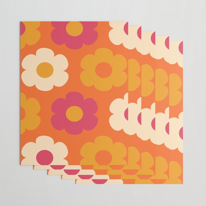 Such Cute Flowers Retro Floral Pattern in 60s 70s Pink Orange Mustard Cream Wrapping Paper Gallery Image 3