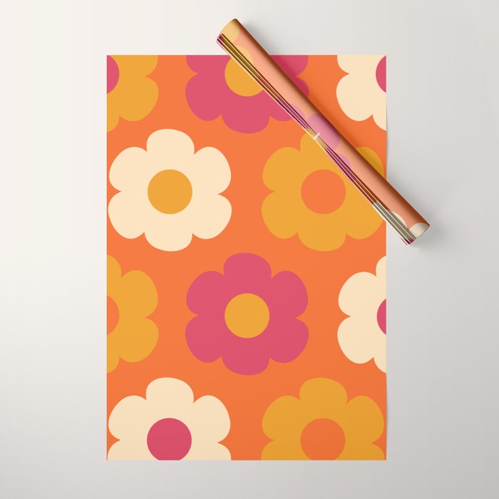 Such Cute Flowers Retro Floral Pattern in 60s 70s Pink Orange Mustard Cream Wrapping Paper Gallery Image 1