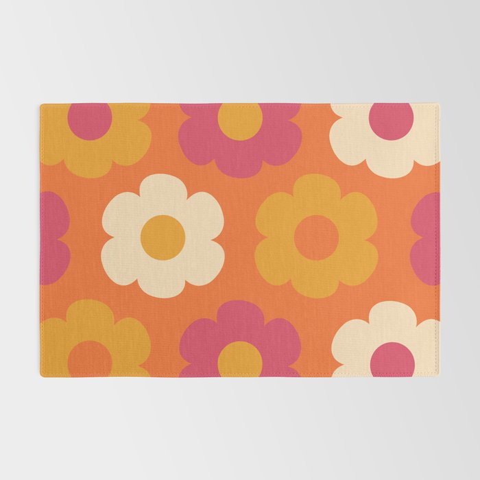 Such Cute Flowers Retro Floral Pattern in 60s 70s Pink Orange Mustard Cream Rug Gallery Image 2