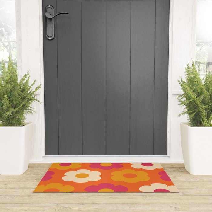 Such Cute Flowers Retro Floral Pattern in 60s 70s Pink Orange Mustard Cream Welcome Mat Gallery Image 3