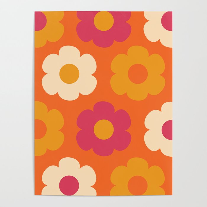 Such Cute Flowers Retro Floral Pattern in 60s 70s Pink Orange Mustard Cream Poster Gallery Image 4