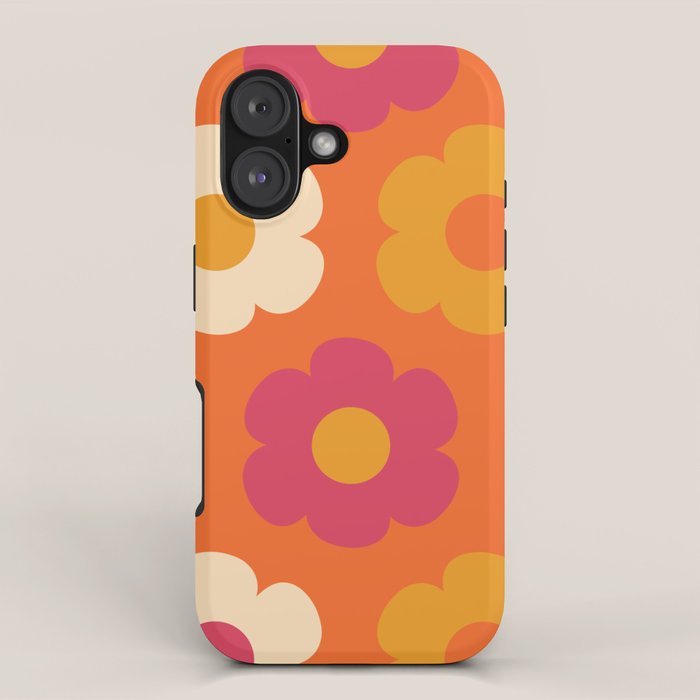 Such Cute Flowers Retro Floral Pattern in 60s 70s Pink Orange Mustard Cream iPhone Case Gallery Image 1