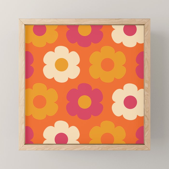 Such Cute Flowers Retro Floral Pattern in 60s 70s Pink Orange Mustard Cream Mini Art Print Gallery Image 1