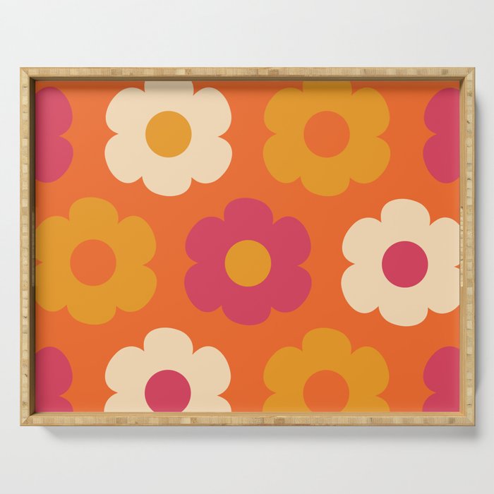 Such Cute Flowers Retro Floral Pattern in 60s 70s Pink Orange Mustard Cream Serving Tray Gallery Image 1